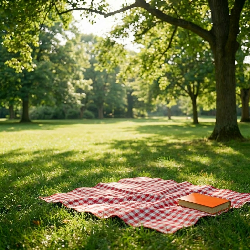 A cat sleeps on a cozy armchair in a sunlit garden with books and tea.